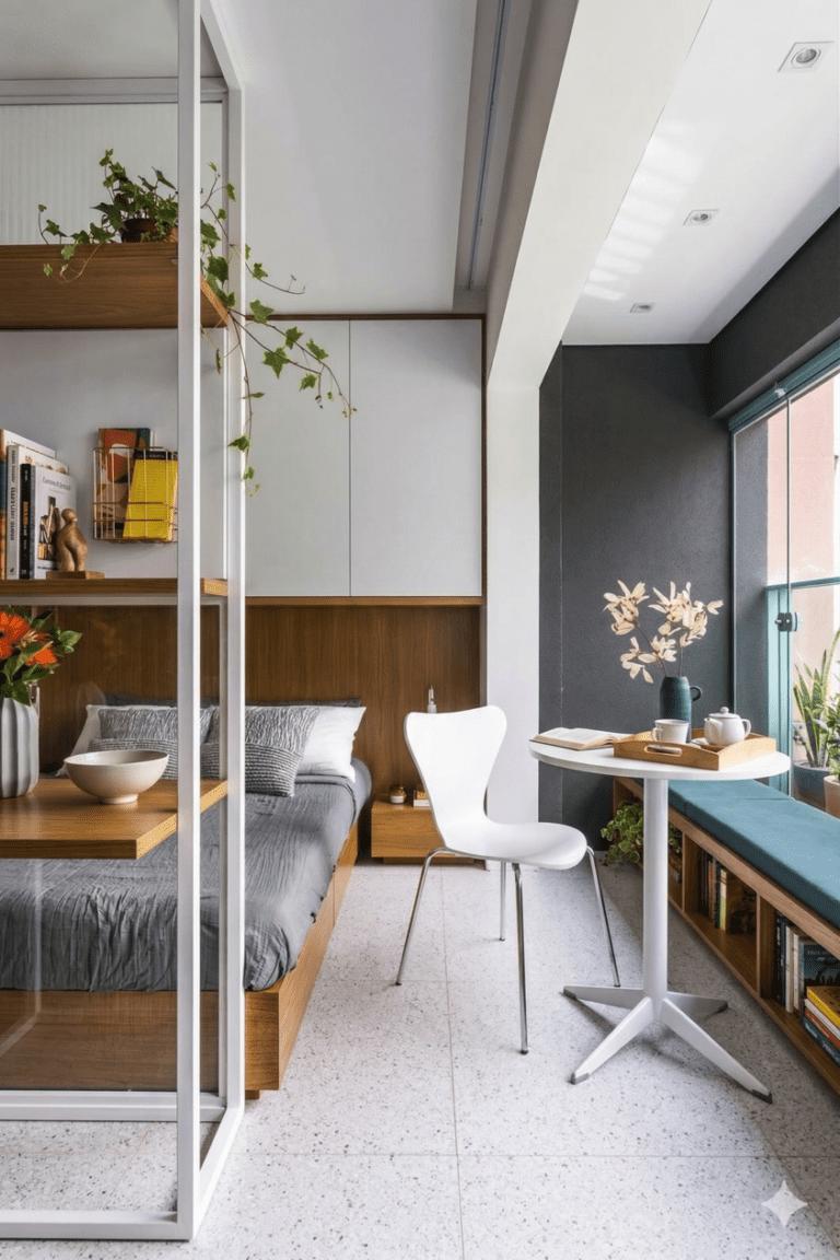 Visão geral de apartamento studio planejado integrando quarto com marcenaria amadeirada, cabeceira iluminada, cozinha compacta azul-petróleo e mesa de jantar redonda de mármore. Exemplo de como ampliar ambientes pequenos com design inteligente.
