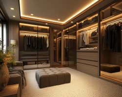 O interior de um closet com cabideiros iluminados por LED